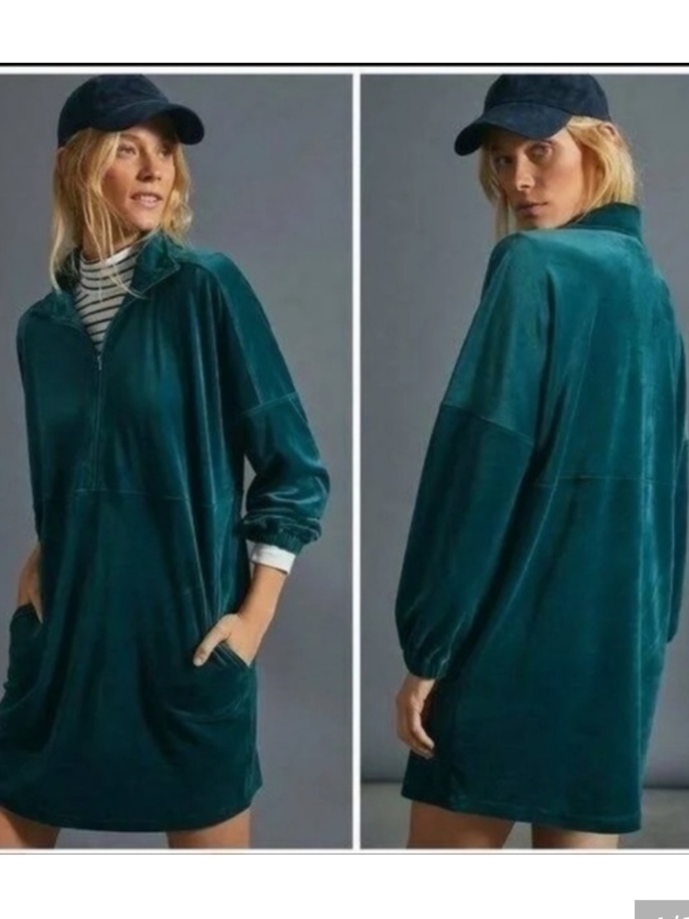 Anthropologie Saturday Sunday Rosalind Velvet Tunic Dress Teal w/ Pockets Size L - Picture 1 of 15